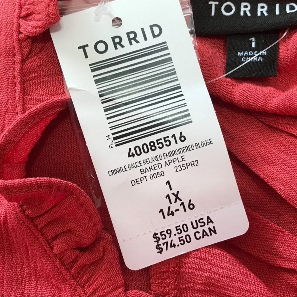 Torrid Top 1X Orange/Red Crinkle Gauze Embroidered Relaxed Long Sleeve‎ 14/16 - Picture 7 of 9